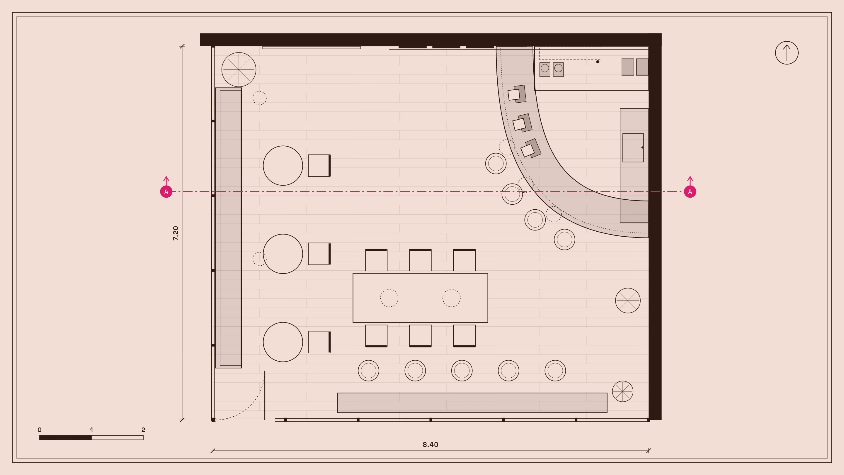 Kafe planı: güney ve batı camlı köşe, kuzeydoğuda kavisli bar ve üzerinde üç espresso kulesi, ortada ortak masa; 8,40 × 7,20 m